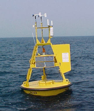 National Data Buoy Center operated 3-meter discus buoy for taking weather and marine observations. (Creative Commons photo by < a href="https://commons.wikimedia.org/wiki/File:NOAA-NDBC-discus-buoy.jpg">JonathanLamb/Wikimedia