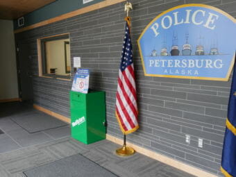 The drug take-back bin is in the lobby of the newly remodeled police station. (Photo by Joe Viechnicki/KFSK)