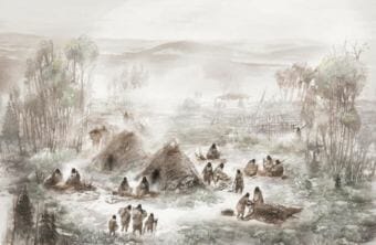 The infant from whom researchers extracted genomic material was buried, along with another infant and young child, in the structure shown in the foreground of this reconstruction of the Upward Sun River residential camp by Eric S. Carlson in collaboration with Ben Potter. (Courtesy Eric Carlson/Ben Potter)