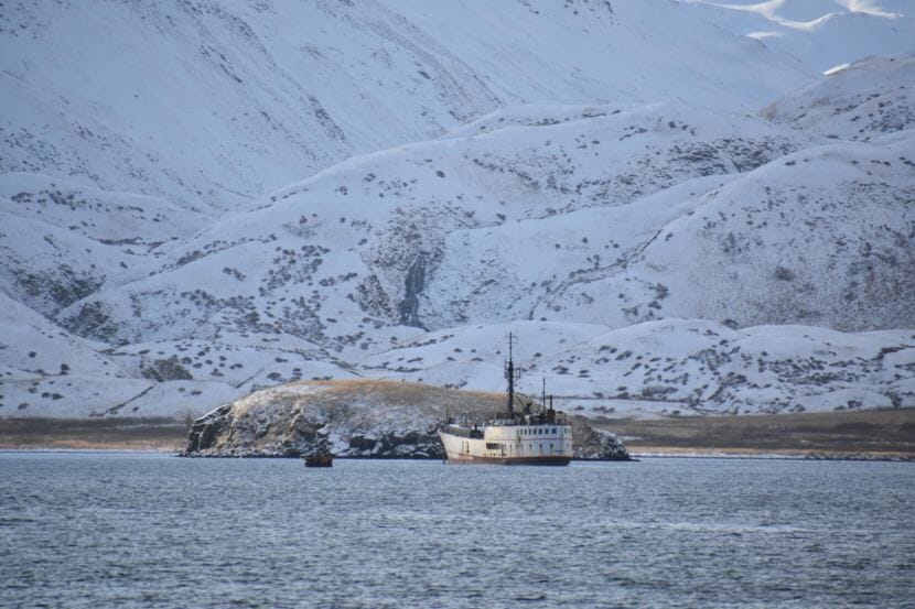 The F/V Akutan was moored in Unalaska’s Captains Bay for six months. (Photo by Zoë Sobel/KUCB)