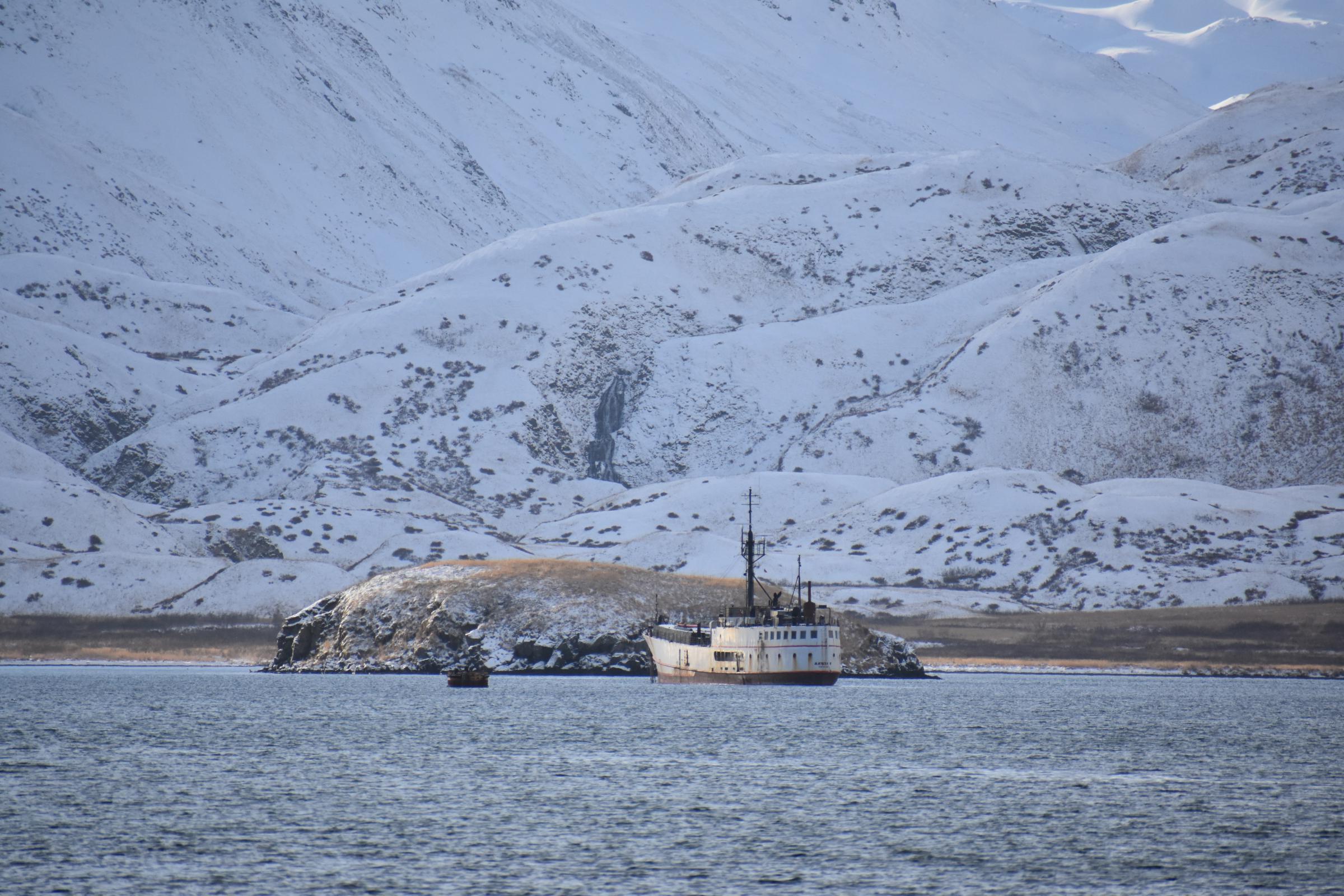 The F/V Akutan has been moored in Unalaska’s Captains Bay since August. (Photo by Zoe Sobel/KUCB)
