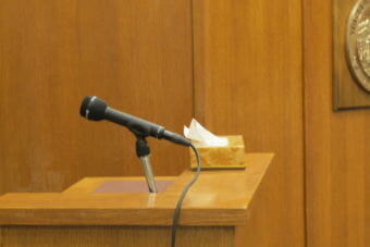 Witness stand in Bethel courthouse courtroom. (Photo by Lakeidra Chavis/KYUK)