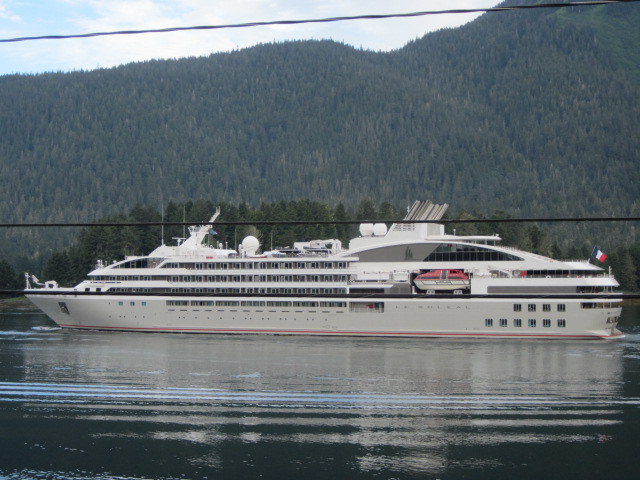 The cruise ship Le Soléal heads south in the Wrangell Narrows near Petersburg in June 2016. (Photo by Joe Viechnicki/KFSK)