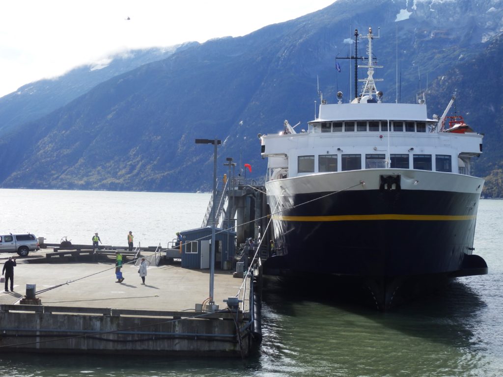 An Alaska Marine Highway ferry docked in Skagway. (Photo by Emily Files/KHNS)