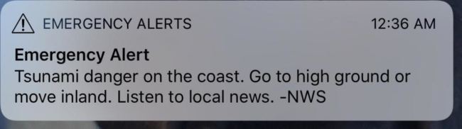Tsunami push notification sent out through the wireless emergency alert system on Jan. 23 via IPAWS. (Screenshot by Aaron Bolton, KBBI)