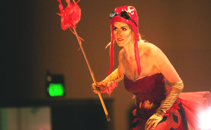 Elise Pypaert models Judy Bolander's "Burning" at Wearable Art 2018 on Saturday, Feb. 17, 2018, at Centennial Hall in Juneau. (Photo by Tripp J Crouse/KTOO)
