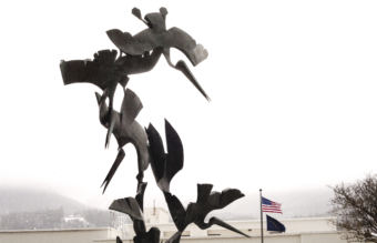 A statue at the Federal Building in Juneau resembles pelicans. (Photo by Tripp J Crouse/KTOO)