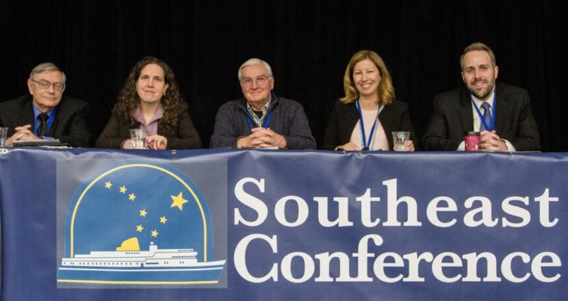 A panel of industry leaders discusses timber, mining and other topics during the Southeast Conference Mid Session Summit Feb. 13 in Juneau. (Photo by Heather Holt)