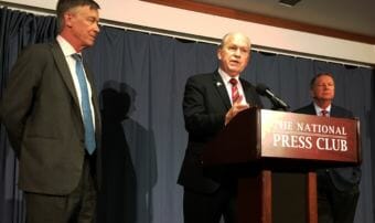 Alaska Gov. Bill Walker presents a health care “blueprint” with Colorado Gov. John Hickenlooper, left, and Ohio Gov. John Kasich, right, at a National Governors Association function at the National Press Club in Washington, D.C., on Friday, Feb. 23, 2018.