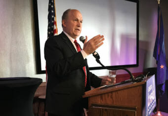 Gov. Bill Walker speaks to the Juneau Chamber of Commerce on Thursday, Feb. 8, 2018. He said more Alaska Permanent Fund investment jobs should be in Juneau.