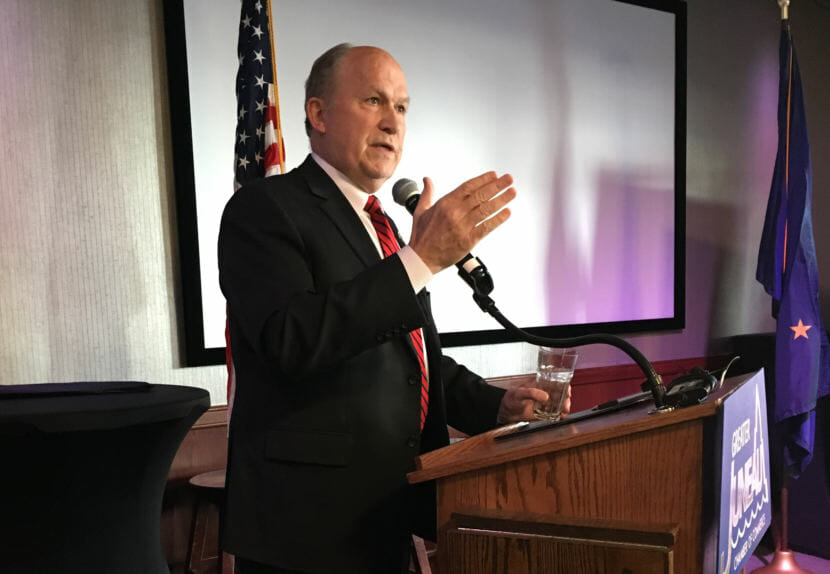 Gov. Bill Walker speaks to the Juneau Chamber of Commerce, Feb. 8, 2018. He said more Alaska Permanent Fund investment jobs should be in Juneau. (Photo by Andrew Kitchenman/KTOO)