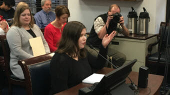 Stella Tallmon, a sophomore at Juneau-Douglas High School, testifies before the Alaska House Judiciary Committee on Feb. 28, 2018. Rep. Geran Tarr, D-Anchorage, is on the left. Tarr sponsored a bill allowing judges to issue protective orders removing guns from people judged likely to be a threat to themselves or others.