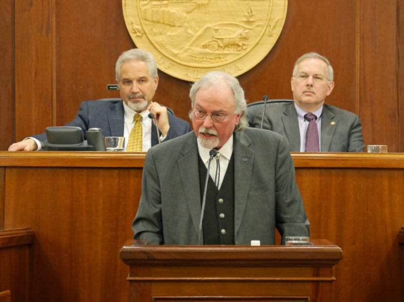 Alaska Chief Justice Craig Stowers delivers the State of the Judiciary address to a joint session of the Alaska Legislature on Feb. 7, 2018. Behind him are Senate President Pete Kelly, left, and House Speaker Bryce Edgmon.