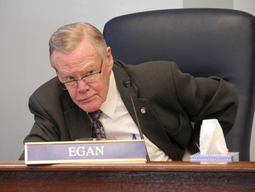 Sen. Dennis Egan, D-Juneau, listens to testimony in the Senate Resources Committee in the Capitol on Feb. 8, 2018.