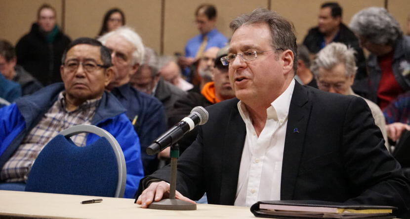 Independent hydropower entrepreneur Duff Mitchell participates in public comment at a Regulatory Commission of Alaska meeting at Centennial Hall in Juneau on Tuesday, Feb. 27, 2018. Mitchell is the managing director of Juneau Hydropower Inc.