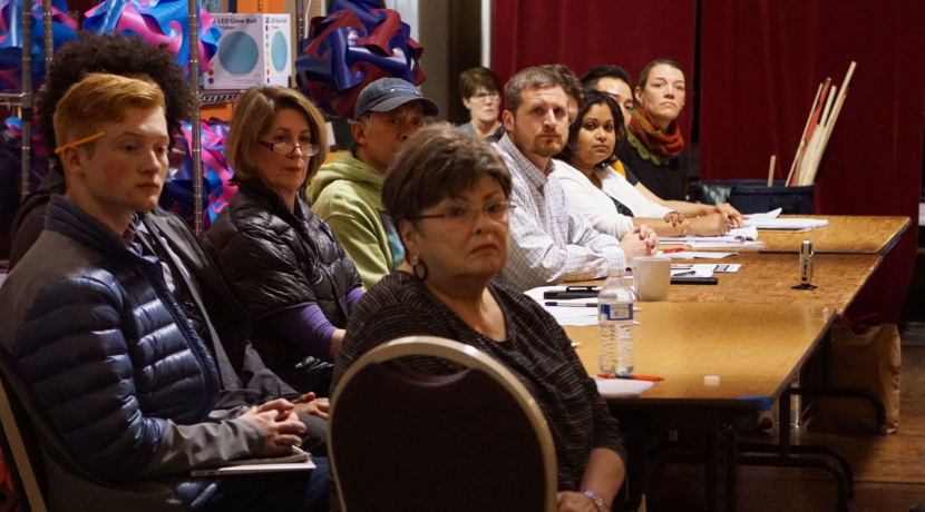 The Juneau Arts and Humanities Council board listens to public testimony at its monthly meeting on Feb. 21, 2018, at the Juneau Arts and Culture Center. About 100 people turned out to listen and weigh in on the council's handling of a geisha-themed entry at the weekend's Wearable Art show.