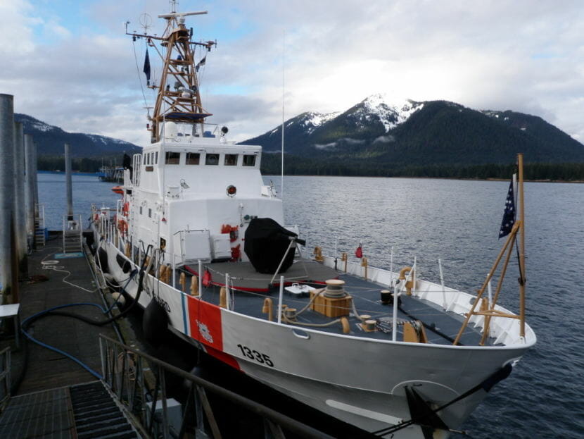The 110-foot island class cutter Anacapa docks near Petersburg’s South Harbor and the state ferry terminal. (File photo by KFSK)