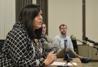 Andrea Gusty, Vice President of Corporate Affairs for The Kuskokwim Corporation, testifies in support of Donlin's waste and wastewater draft permits in Anchorage on January 26, 2018. (Photo by Victoria Petersen/APRN)