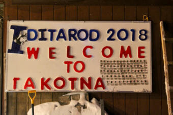 A sign near the Takotna checkpoint of the Iditarod on March 7, 2018.