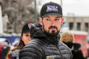 Pete Kaiser at the ceremonial start of the 2018 Iditarod in Anchorage. (Photo by Zachariah Hughes/Alaska Public Media)