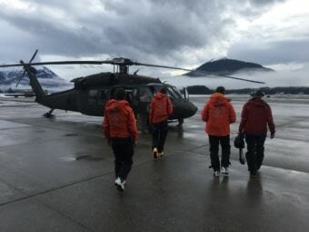 Juneau Mountain Rescue volunteers prepare to take off in an Alaska Army National Guard helicopter on Monday to resume the search for Ryan Johnson and Marc-Andre Laclerc. (Photo courtesy of Juneau Mountain Rescue)