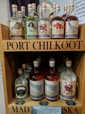 Bottles of spirits at the Port Chilkoot distillery. (Photo by Berett Wilber)