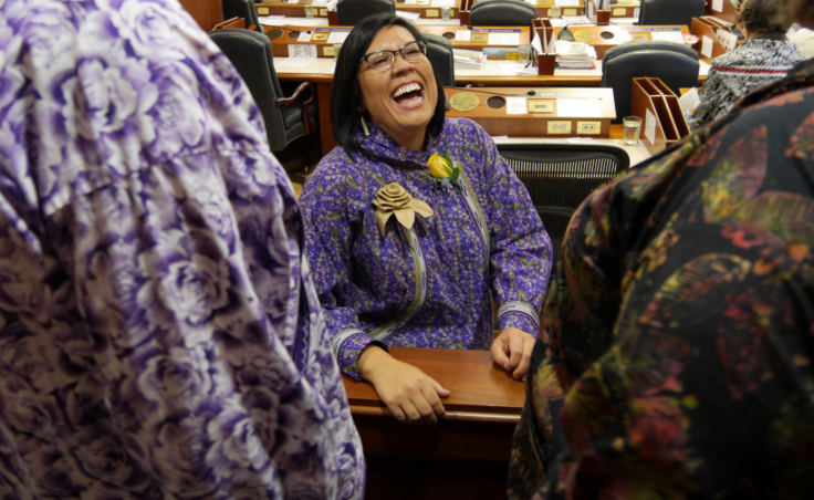 Rep. Tiffany Zulkosky, D-Bethel, greets friends and family standing in the Peratrovich Gallery of the Alaska State Capitol on March 9, 2018. The House speaker had just sworn her in as the newest member of the Alaska House of Representatives.