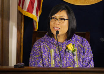 Rep. Tiffany Zulkosky, D-Bethel responds to questions during a press availability in the Alaska State Capitol on March 9, 2018. The House speaker had sworn her in earlier.