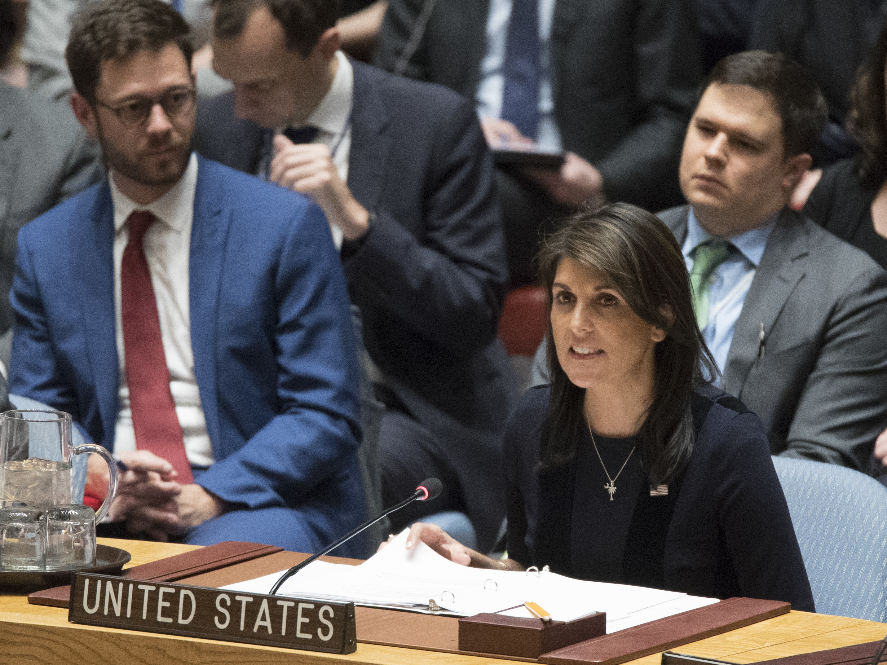 U.S. Ambassador to the United Nations Nikki Haley speaks during a Security Council meeting on the situation between Britain and Russia, on Wednesday. (Photo by Mary Altaffer/AP)