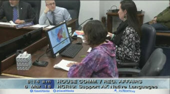 Yaayuk Bernadette Alvanna-Stimplfle, center, testifies before the House Community and Regional Affairs Committee on Tuesday on the Alaska Native language resolution HCR 19. Alvanna-Stimpfle is from Nome, Alaska, and is a council member on the Alaska Native Language Preservation & Advisory Council. (Video still courtesy Gavel Alaska)