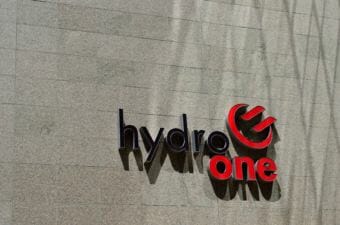 Hydro One's logo on a tower at its headquarters in Toronto on May 20, 2015. Hydro One says it's Canada's largest electricity transmission and distribution service provider.