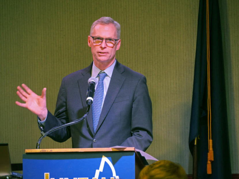 University of Alaska President Jim Johnsen delivers the State of the University Address at a Juneau Chamber of Commerce luncheon in Juneau on Feb. 16, 2017.