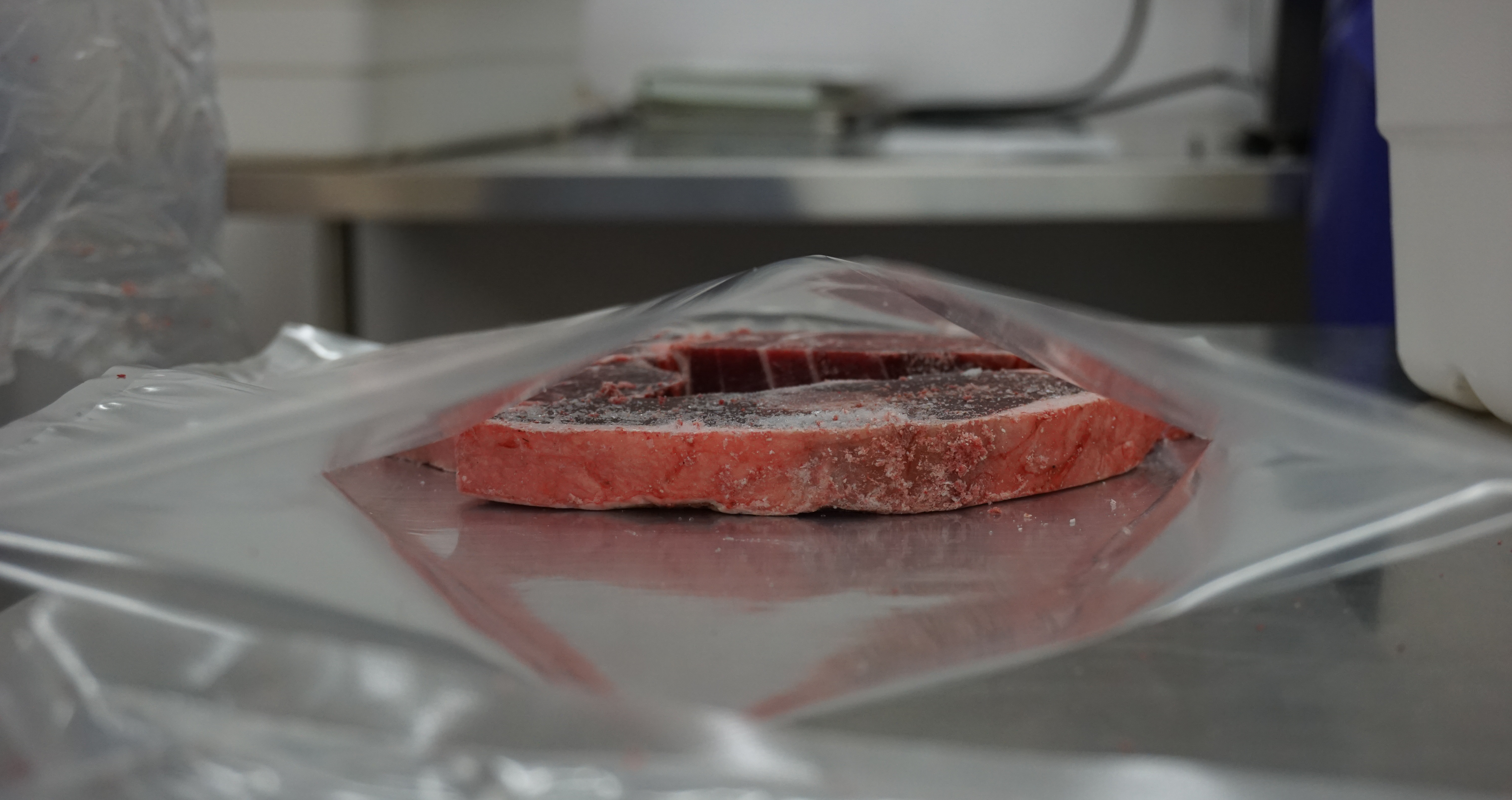 Caribou T-bone steak ready to be packaged for the long-term care facility. (Photo by Anne Hillman/Alaska Public Media)