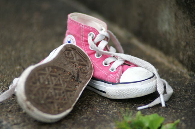 Shoes found on the back steps of a house next to a cafe in Scotland.