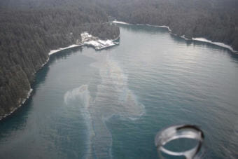 A snapshot of the spill on Shuyak Island. (Photo courtesy Alaska Department of Environmental Conservation)