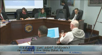 Sitka Republican state Senator Bert Stedman, bottom right, presents Senate Joint Resolution 13 to the Senate Resources Committee. (Video still courtesy Gavel Alaska)