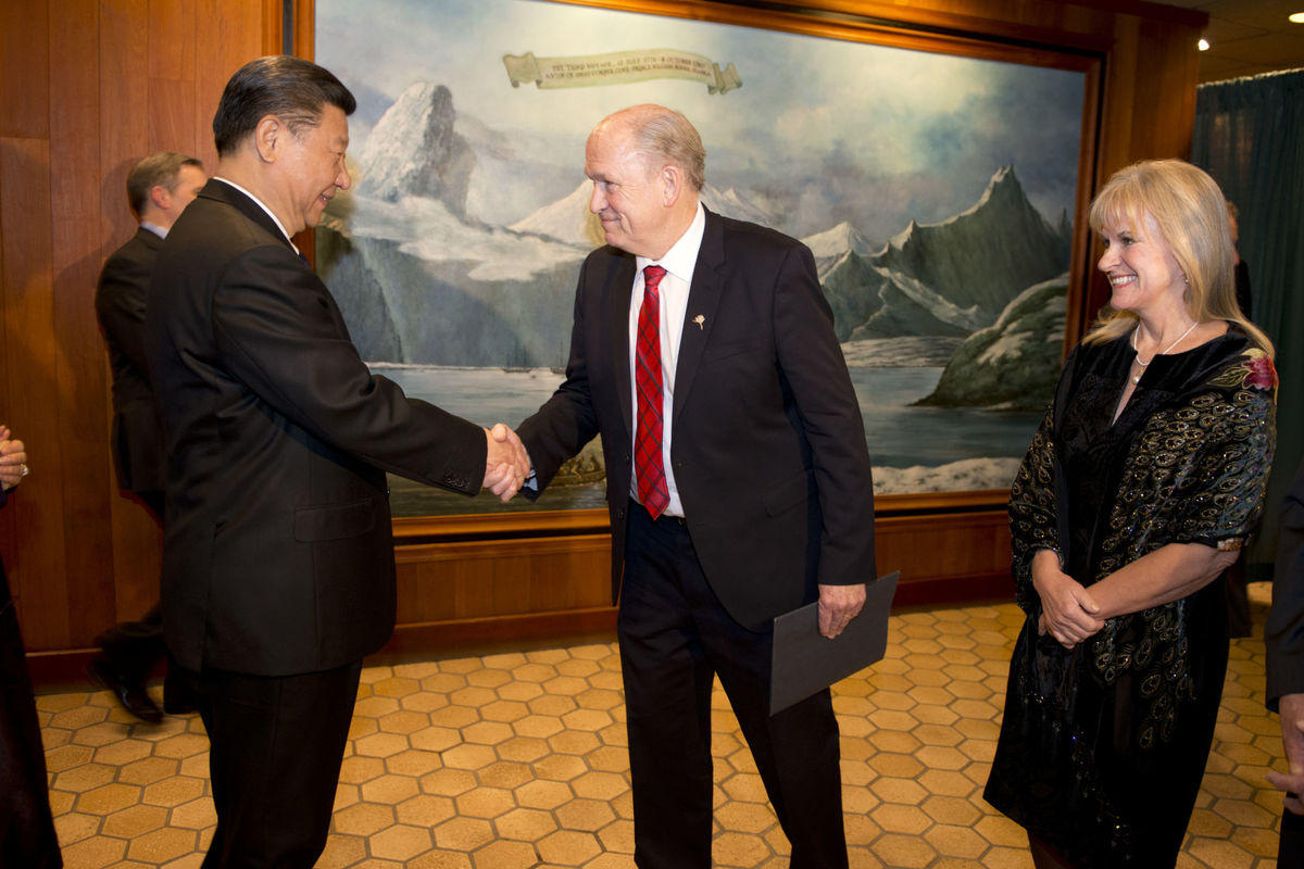 Gov. Bill Walker greets Chinese President Xi Jinping in April at the Captain Cook Hotel in Anchorage during Xi’s stopover in Alaska on his return trip from a visit to Europe and Washington. First Lady Donna Walker, right, looks on. In November, Walker secured a preliminary agreement with China Petrochemical Corp., a.k.a. Sinopec Group, to advance a proposed $43 billion project to build a natural gas pipeline from the North Slope to Nikiski. The deal, if finalized, would enable export of LNG to China. (Photo courtesy Office of the Governor)