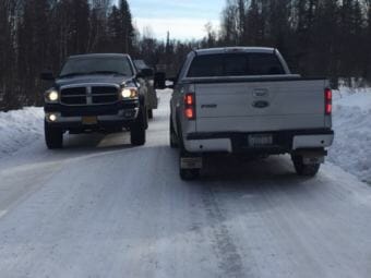 Two pickups passing on Oilwell Road, where locals are concerned that significantly larger timber trucks will make such encounters dangerous. (Photo courtesy Donna Massay)