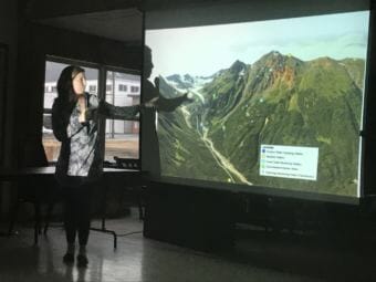 Liz Cornejo explains the Palmer Project at a public forum focused on mining and water on Wednesday, April 18, 2018. Cornejo is vice president of community and external affairs for Canadian company Constantine Metal Resources Limited. (Photo by Daysha Eaton, KHNS)