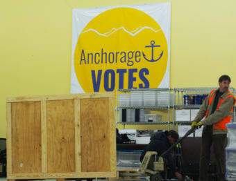 A vote counting machine unloaded at Anchorage’s election central to handle the city’s first Vote By Mail (Photo by Zachariah Hughes/Alaska Public Media)