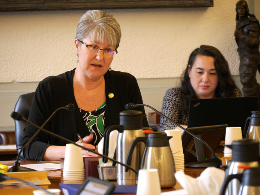 Sen. Anna Mackinnon, R-Eagle River, chairs the Senate Finance Committee in the Alaska Capitol, April 25, 2018. (Photo by Skip Gray/360 North)