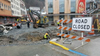 Road construction closes a portion of Franklin Street in downtown Juneau on April 23, 2018. (Photo by Tripp J Crouse/KTOO)