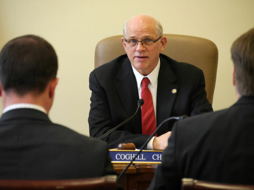 Sen. John Coghill, R-North Pole, Chairman, Senate Judiciary, discusses SB-54 with John Skidmore, Dir., Criminal Division, Dept. of Law and Clint Campion, District Attorney, Dept of Law, March 1, 2017.. (Photo by Skip Gray/360 North)