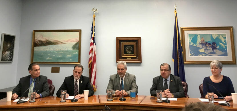 Member of the Senate Majority attend a press availability in the Alaska State Capitol, April 9, 2018. Sens. Seated left to right they are Kevin Meyer, R-Anchorage, Peter Micciche, R-Soldotna, Pete Kelly, R-Fairbanks, Lyman Hoffman, D-Bethel, and Anna Mackinnon, R-Anchorage. (Photo by Andrew Kitchenman/KTOO and Alaska Public Media)