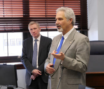 Alaska Senate President Pete Kelly, R-Fairbanks, talks after a presentation by Alaska Department of Corrections Commissioner Dean Williams, left, about Norway’s corrections model on March 23, 2018. Williams and Kelly support making Norway-style reforms in Alaska. (Photo by Skip Gray/360 North)