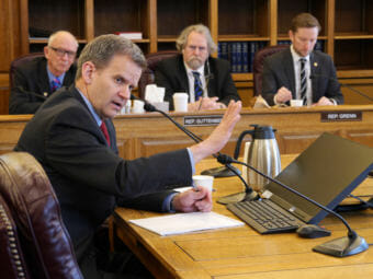 Alaska Commissioner of Revenue Sheldon Fisher testifies before the House Finance Committee, April 23, 2018. The committee was taking comments on House Bill 331, introduced at the request of Gov. Bill Walker. If passed, the bill would allow the state to sell bonds in order to pay tax credits to oil companies. (Photo by Skip Gray/360 North)