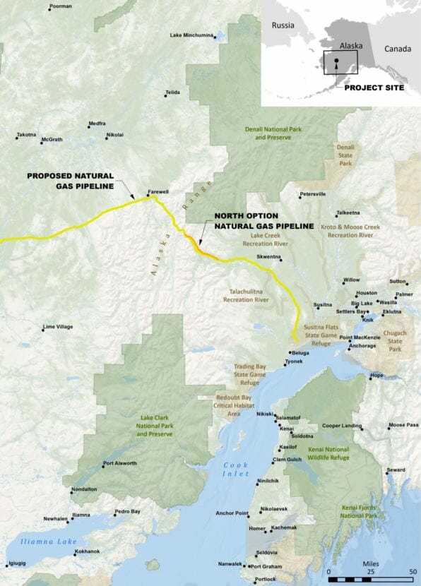 This U.S. Army Corps of Engineers map shows the path proposed of a natural gas pipeline associated with the Donlin Gold Project.