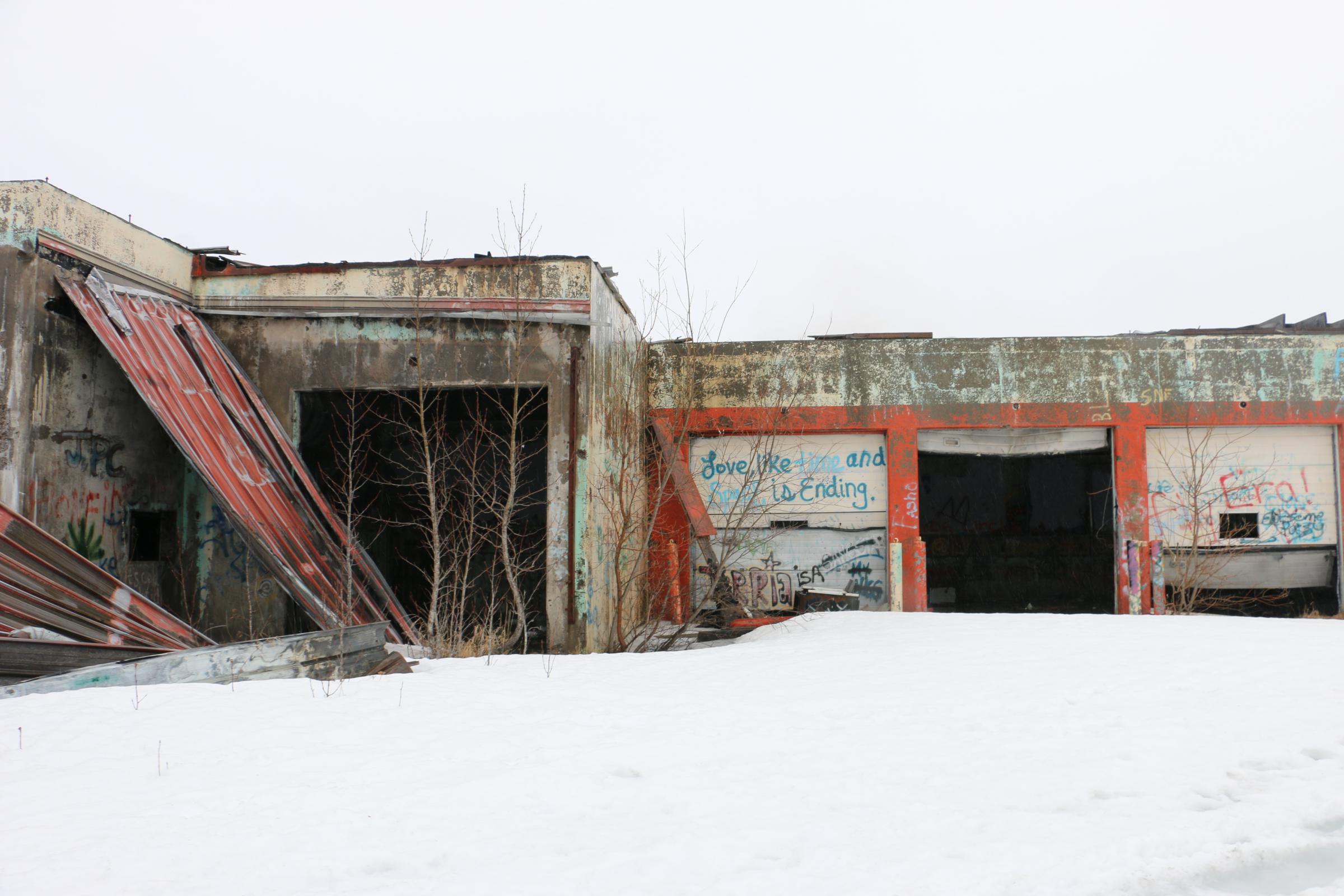 An abandoned Bureau of Indian Affairs building on the outskirts of Bethel caught fire on April 15, 2018. (Photo by Teresa Cotsirilos/KYUK)