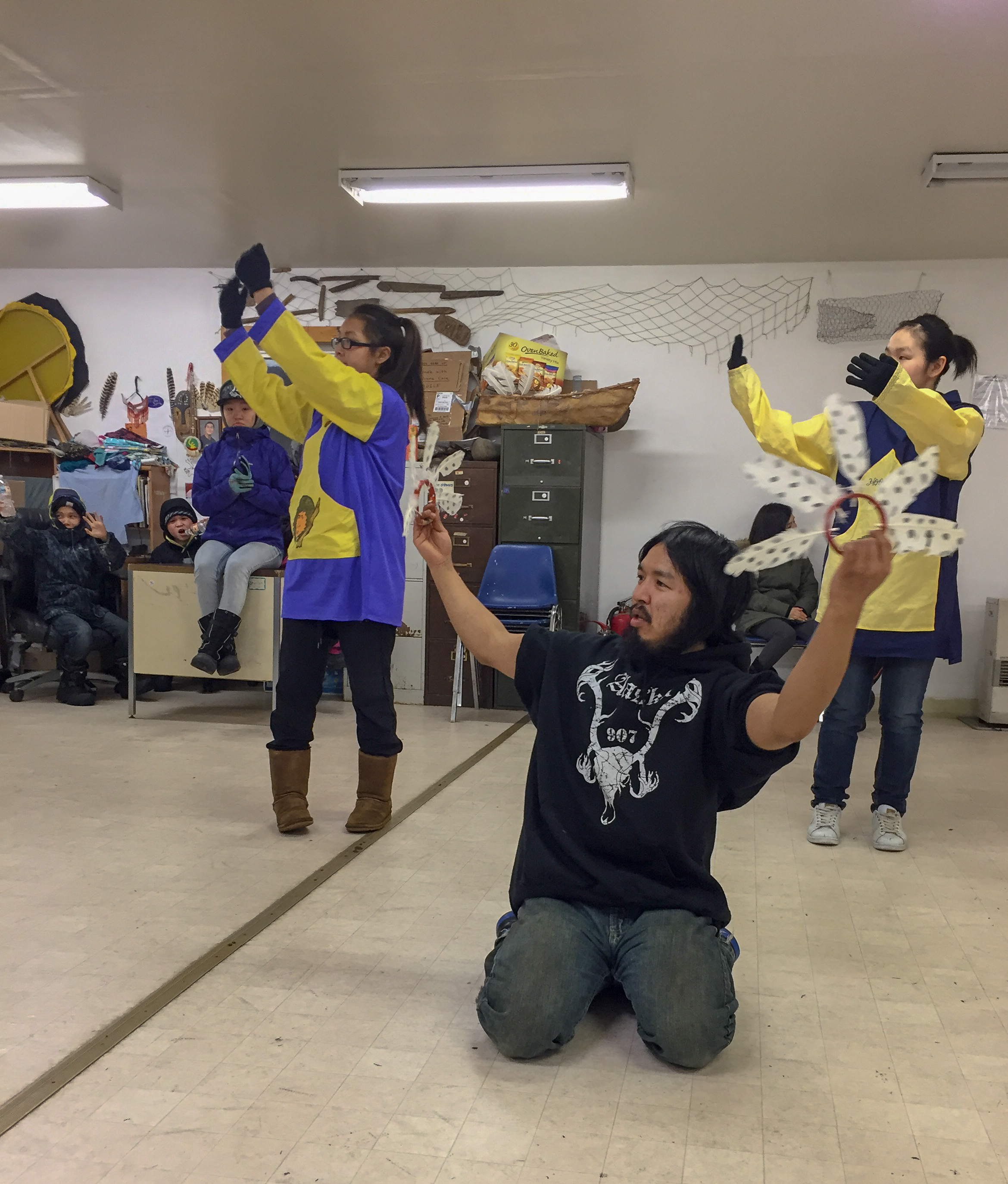 Hooper Bay youth dancers practice in late winter. (Photo by Anne Hillman/Alaska Public Media)