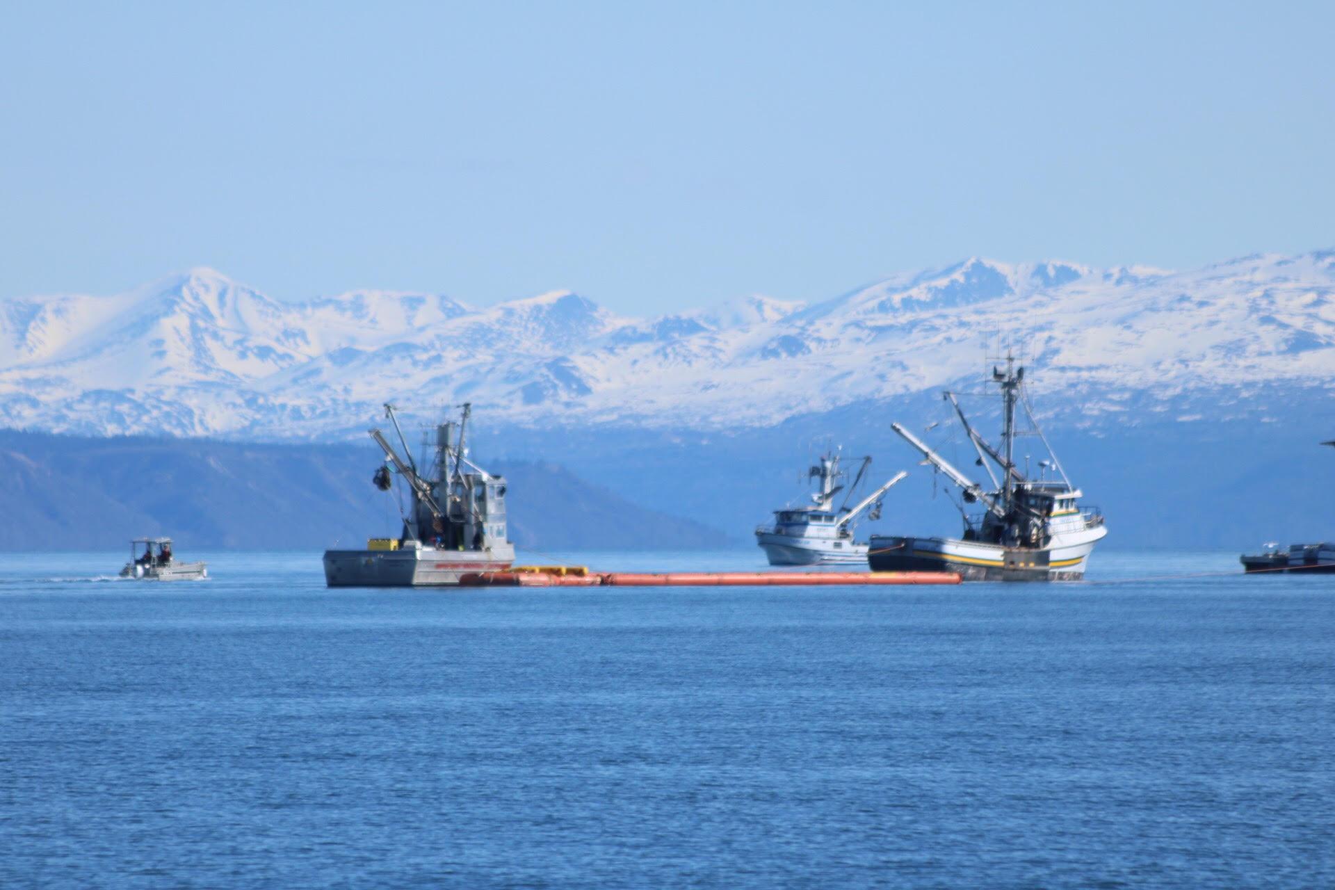 Several fishing vessels in Homer run through oil spill response drills put on by Alyeska Pipeline Service Company. (Photo by Aaron Bolton/KBBI)